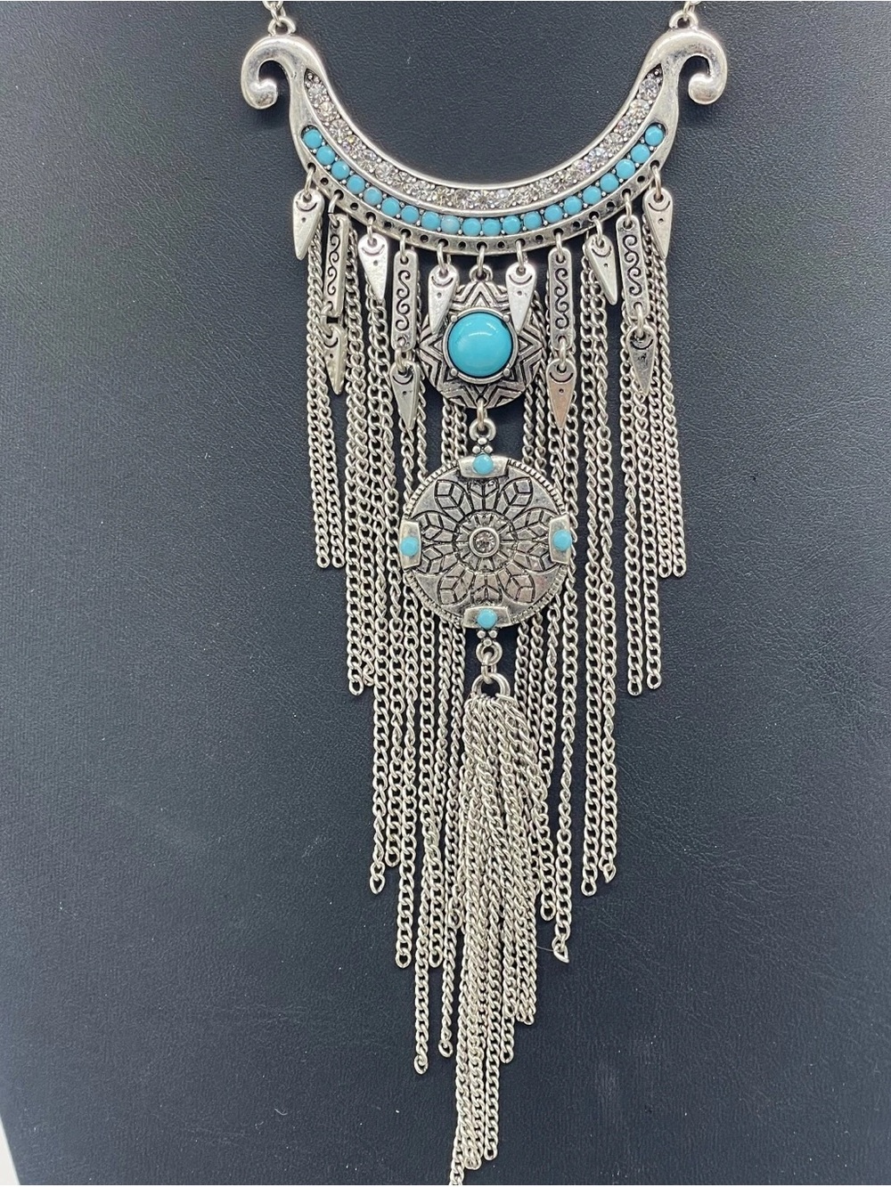 Boho Silver-Tone Fringe Necklace with Turquoise Accents - Fashion Jewelry